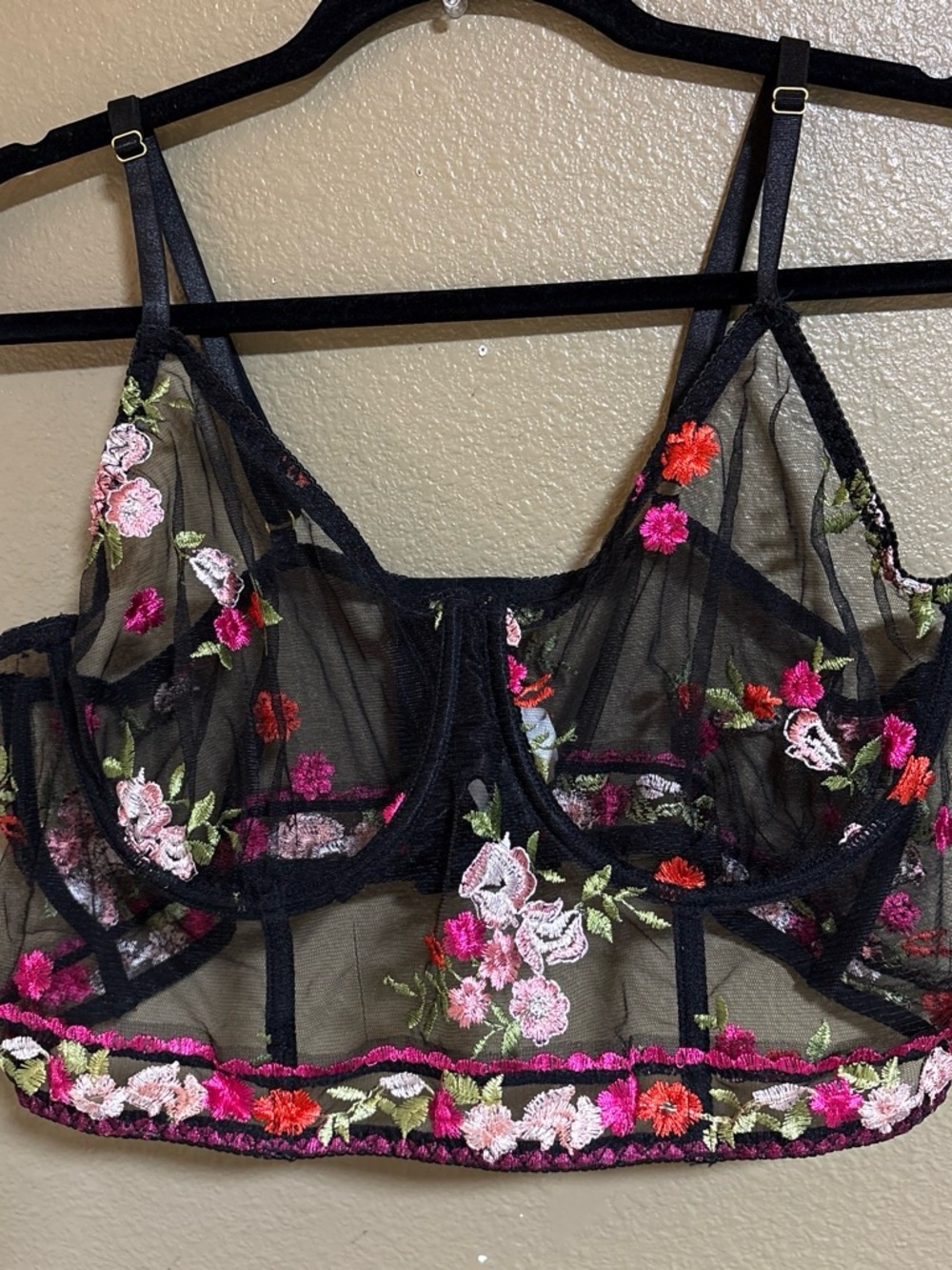 Floral Embroidered Sheer Bralette - Black with Pink Floral